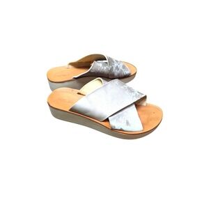 Olukai Onohi Women's Wedge Slide Sandals Pearl Silver Cross Strap Slip-On Size 9